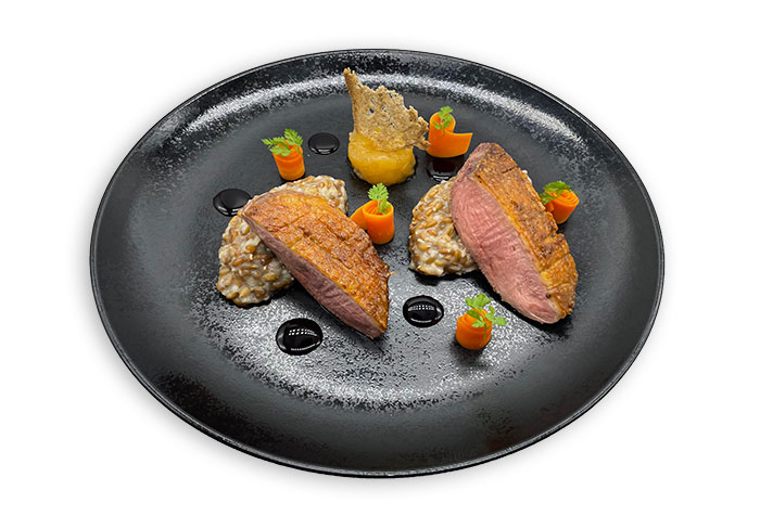 Magret de canard rôti, seigle comme un risotto, pomme acidulée, tagliatelles de carotte